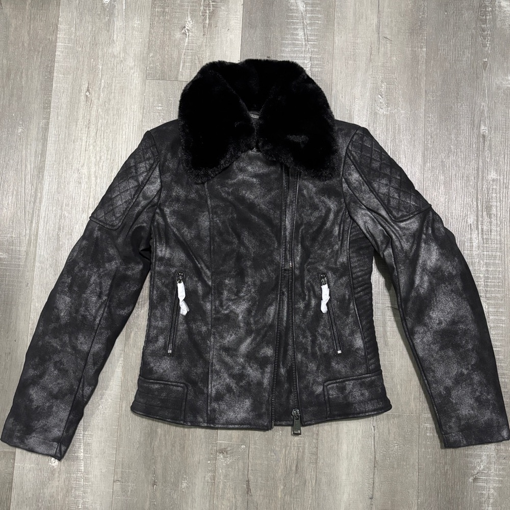 Guess Black Leather Jacket with Faux Fur Collar